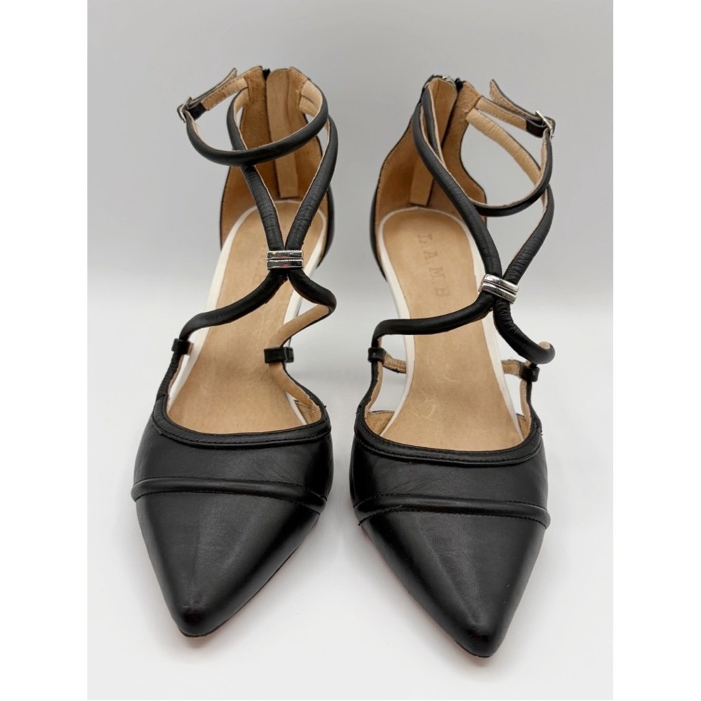 LAMB Gwen Stefani Y2K Leather Pointed Toe Black Leather Ankle Strap Heels Sz 7.5